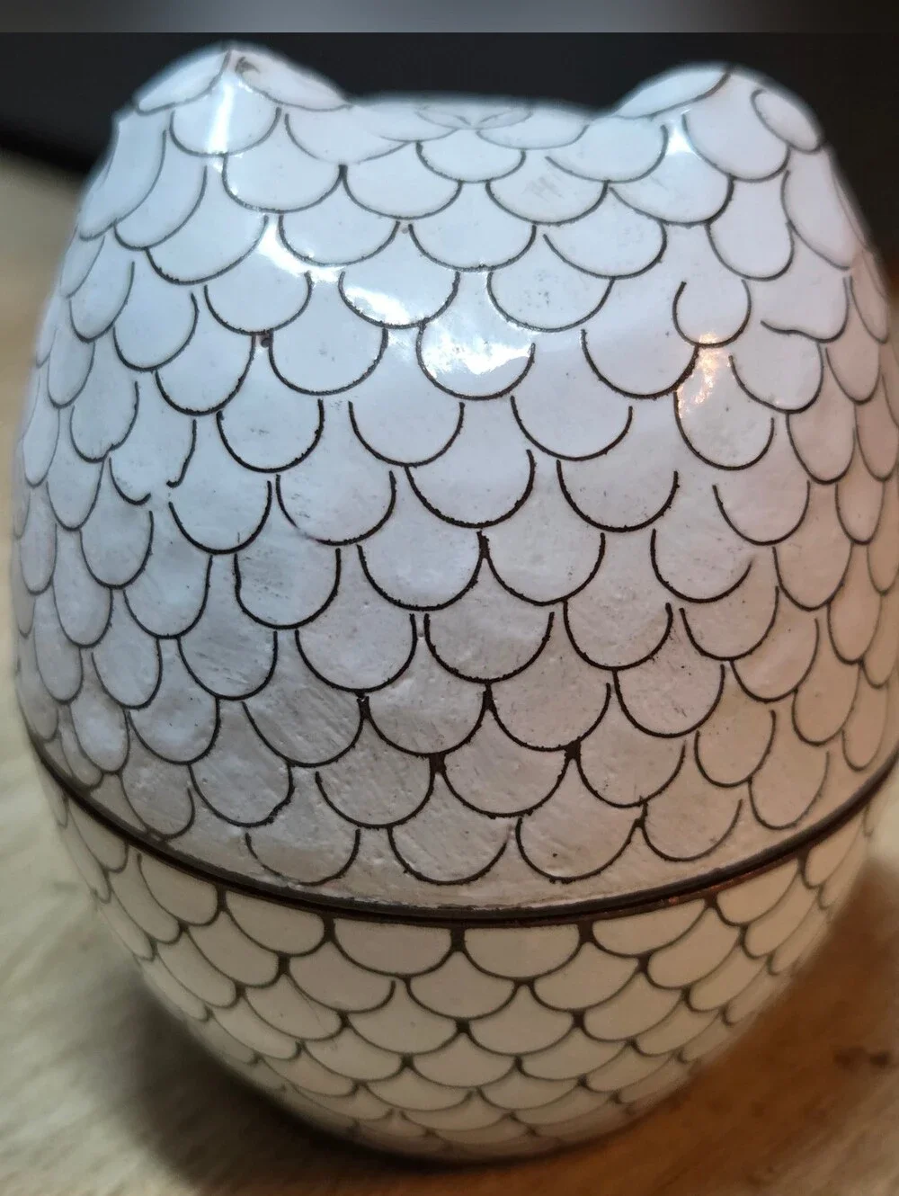 Pottery Barn White Owl Decorative Trinket Box Blue Enamel Interior Metal Cloison